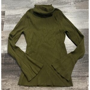 Ribbed turtleneck bell sleeve pullover sweater DKNY olive green ladies Medium